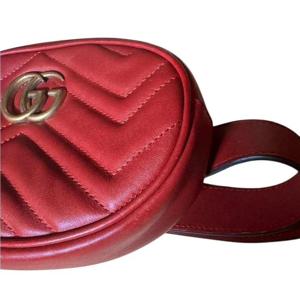 Gucci Red Chevron Quilted Matelasse Leather GG Marmont Waist Belt Bag Auth - Picture 10 of 16